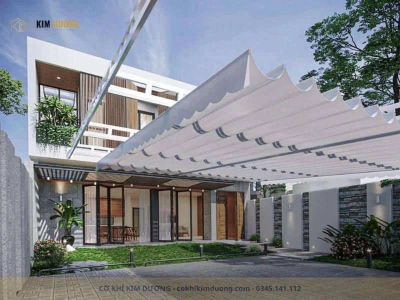 mẫu mái che sân đẹp kiểu bạt xếp hiện đại
