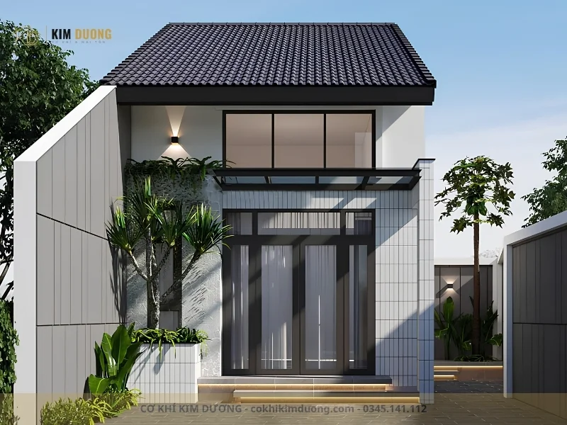 mẫu nhà mái tôn giả ngói màu xám đậm cho nhà sân vườn hiện đại