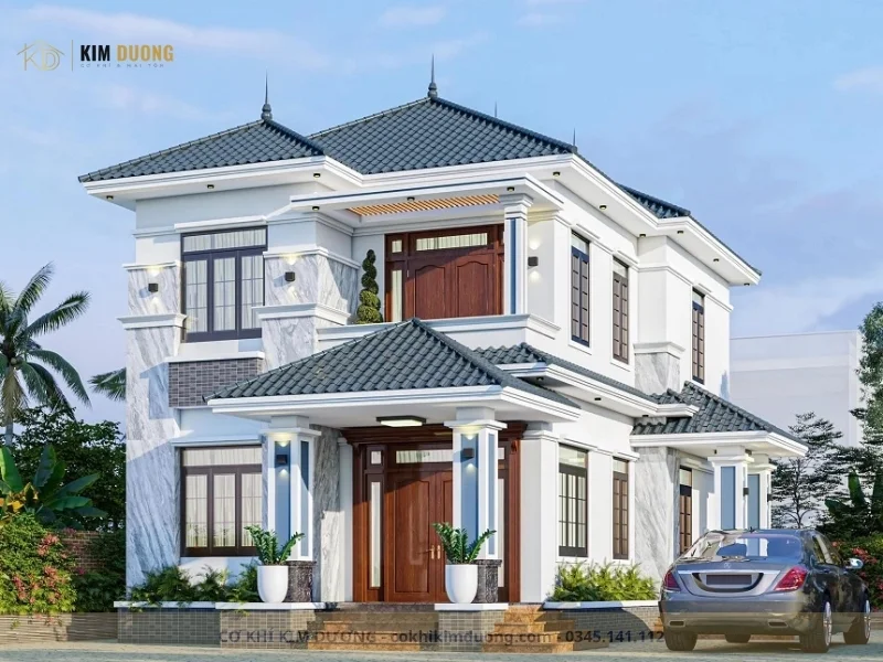 mẫu thiết kế nhà mái tôn mái thái giả ngói cho nhà 2 tầng đẹp