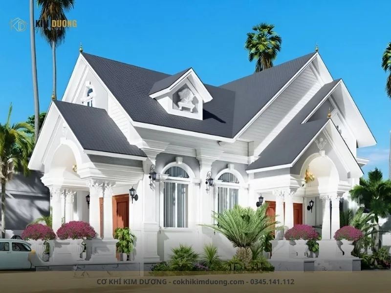 thiết kế mái tôn đẹp kiểu mái thái giật cấp hiện đại