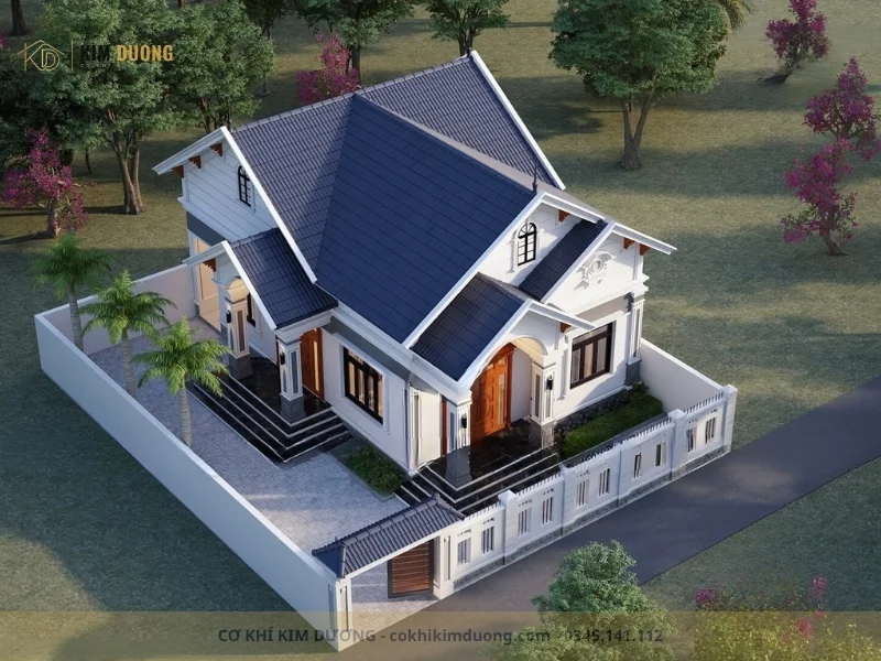 thiết kế nhà mái tôn dạng mái thái kết hợp gác lửng cao thoáng